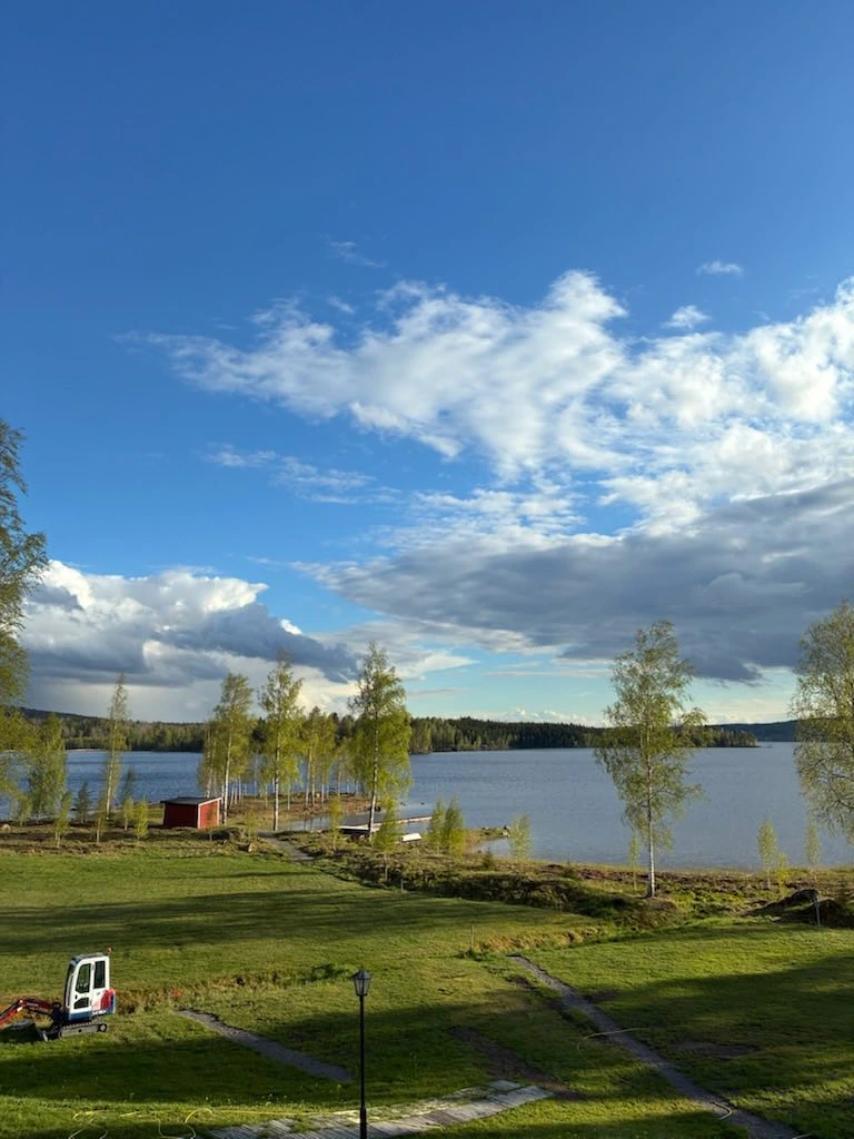 Vårutsikt över Liljan med björkar i nyutslagen grönska och blå himmel